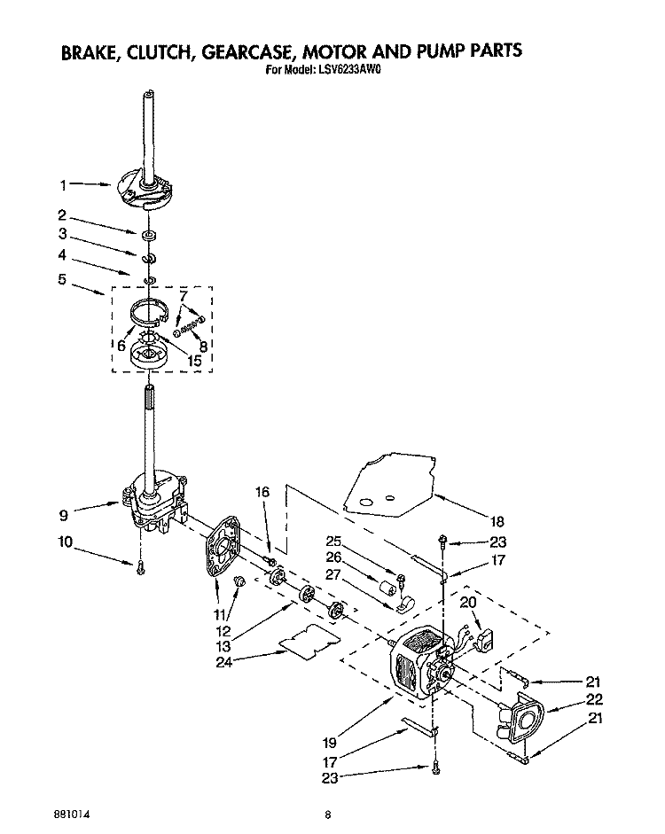 BRAKE, CLUTCH, GEARCASE, MOTOR AND PUMP Diagram and Parts List for LSV6233AW0  Whirlpool Washer