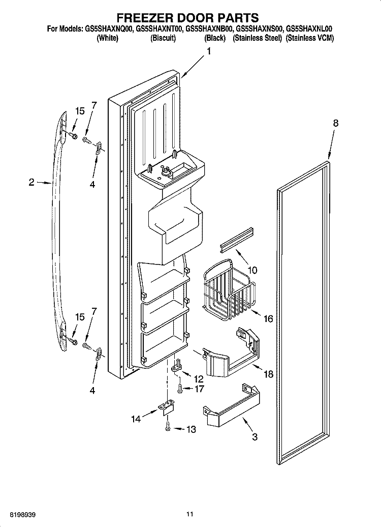 FREEZER DOOR PARTS Diagram and Parts List for GS5SHAXNQ00  Whirlpool Refrigerator