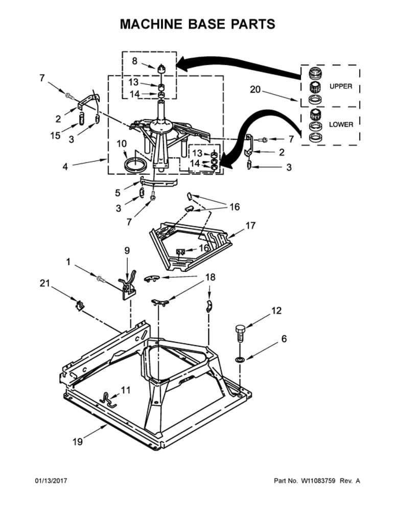 Machine Base Parts Diagram and Parts List for WGT4027EW1  Whirlpool Washer Dryer Combo