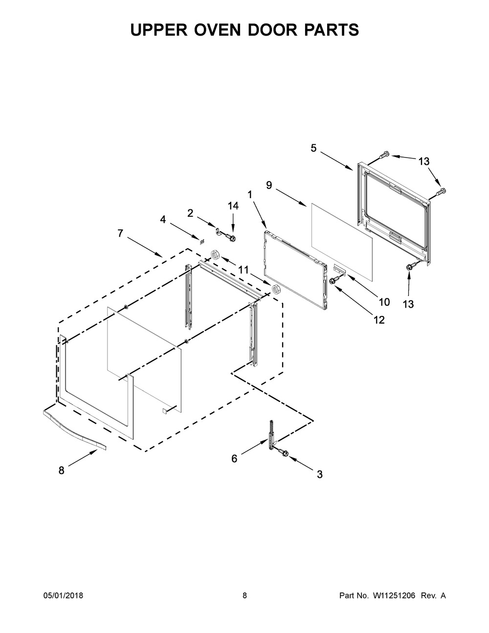 Upper Oven Door Parts Diagram and Parts List for WOD51EC7AW06  Whirlpool Wall Oven