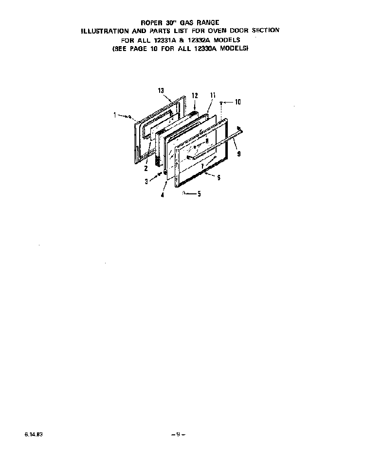 Oven Door Diagram and Parts List for 1233*2A  Roper Range