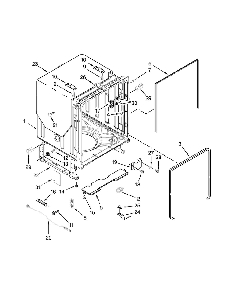 Tub And Frame Parts Diagram and Parts List for WDT910SSYB3  Whirlpool Dishwasher