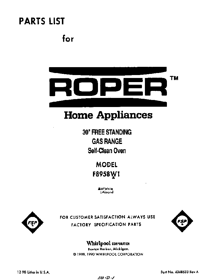 Front Cover Diagram and Parts List for F8958*1  Roper Range