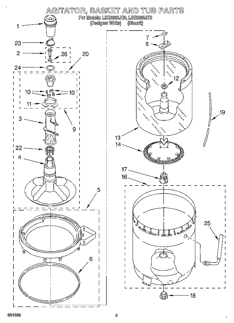 AGITATOR, BASKET, AND TUB Diagram and Parts List for LSQ9665JQ0  Whirlpool Washer