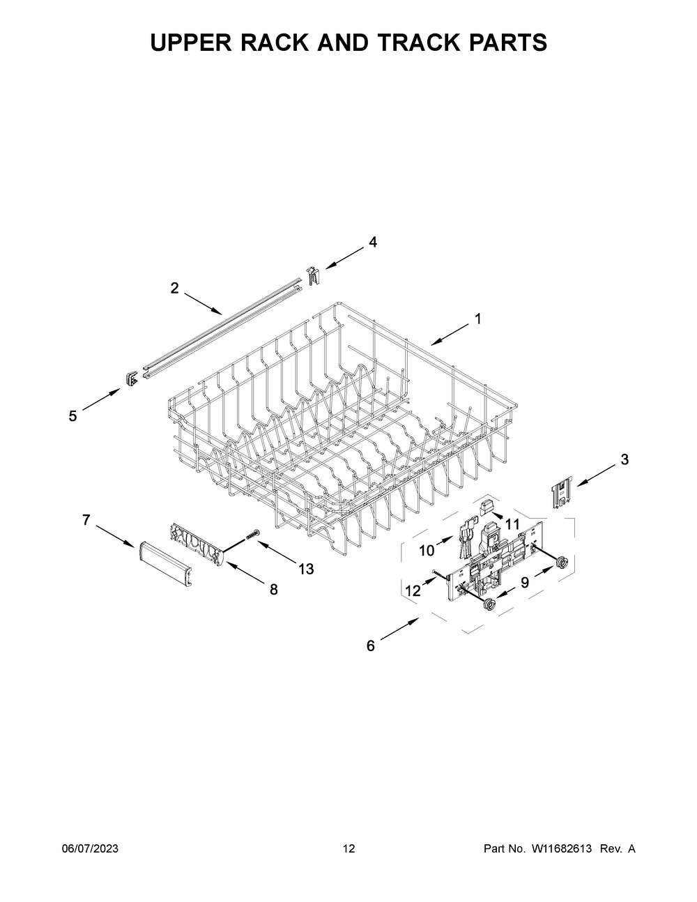 Upper Rack And Track Parts Diagram and Parts List for KDTE204KBL2  KitchenAid Dishwasher