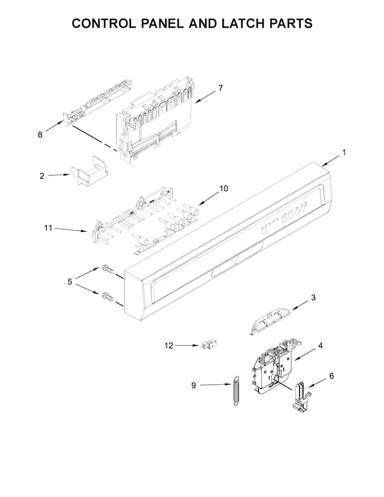 Control Panel And Latch Parts Diagram and Parts List for WDF320PADB3  Whirlpool Dishwasher