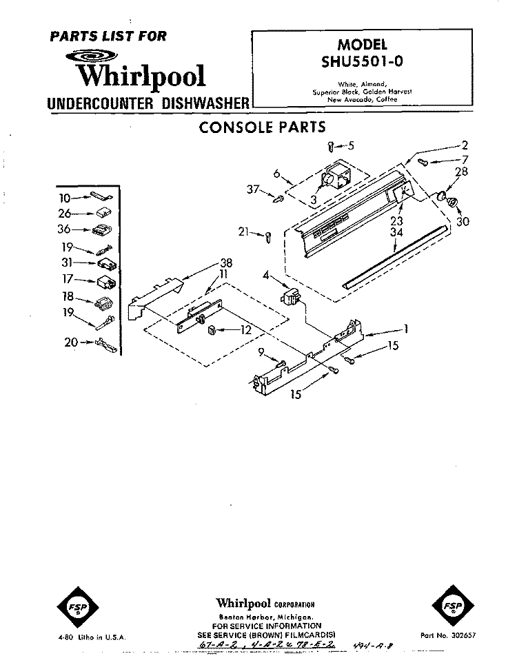 CONSOLE Diagram and Parts List for SHU55010  Whirlpool Dishwasher