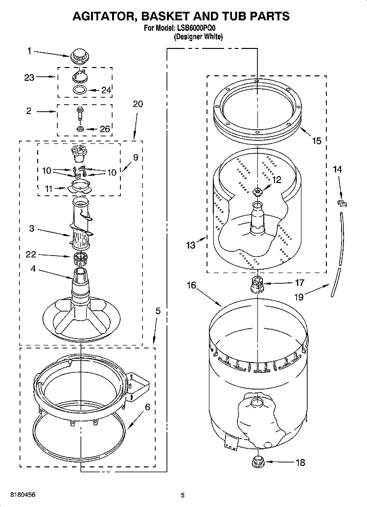 AGITATOR, BASKET AND TUB PARTS Diagram and Parts List for LSB6000PQ0  Whirlpool Washer