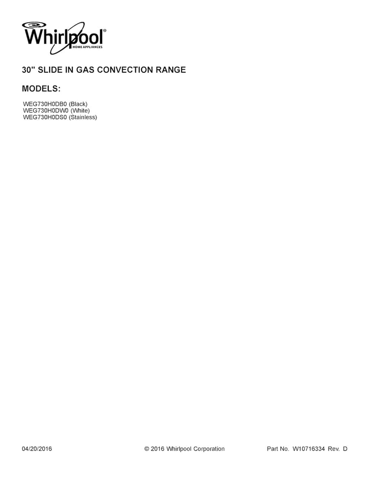 Cover Sheet Diagram and Parts List for WEG730H0DS0  Whirlpool Range