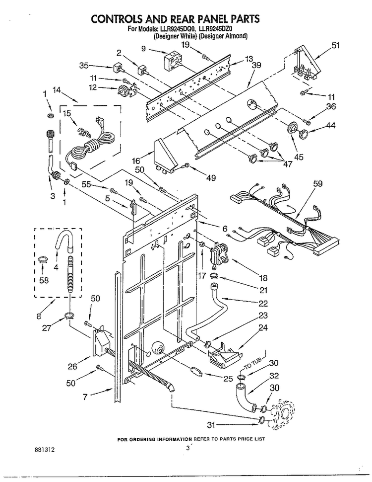 Controls And Rear Panel Diagram and Parts List for LLR9245DQO  Whirlpool Washer