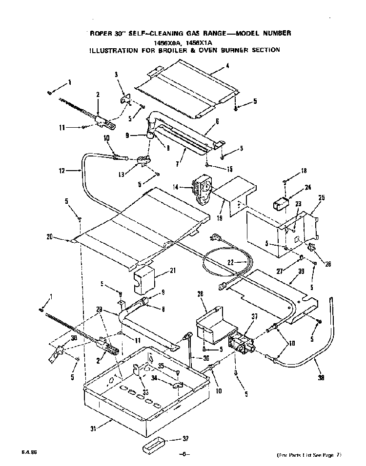 Broiler And Oven Burner Diagram and Parts List for 1456*0A  Roper Range