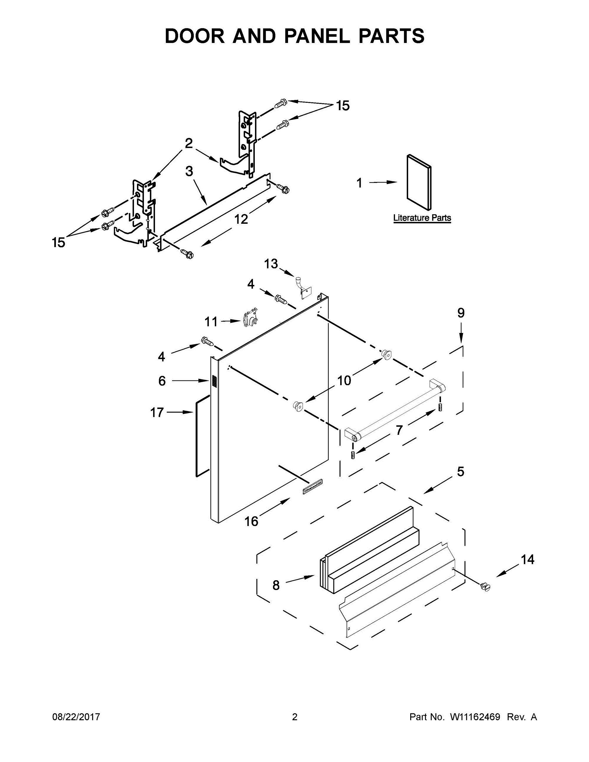 02 - DOOR AND PANEL PARTS Diagram and Parts List for KDTE304GPS0  Whirlpool Dishwasher