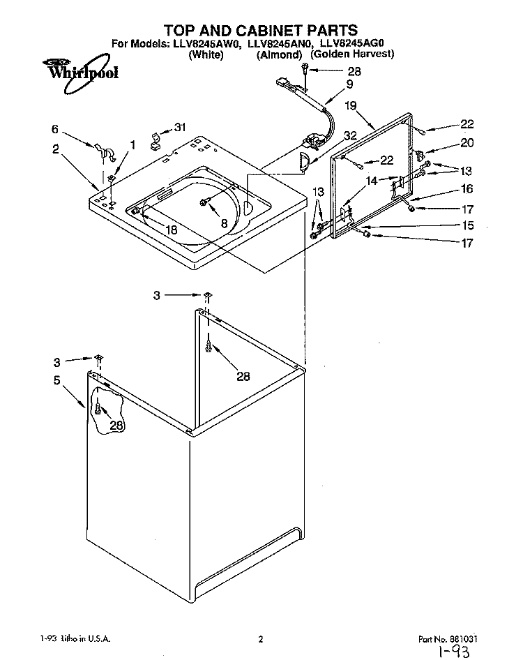 TOP AND CABINET, LIT/OPTIONAL Diagram and Parts List for LLV8245AG0  Whirlpool Washer