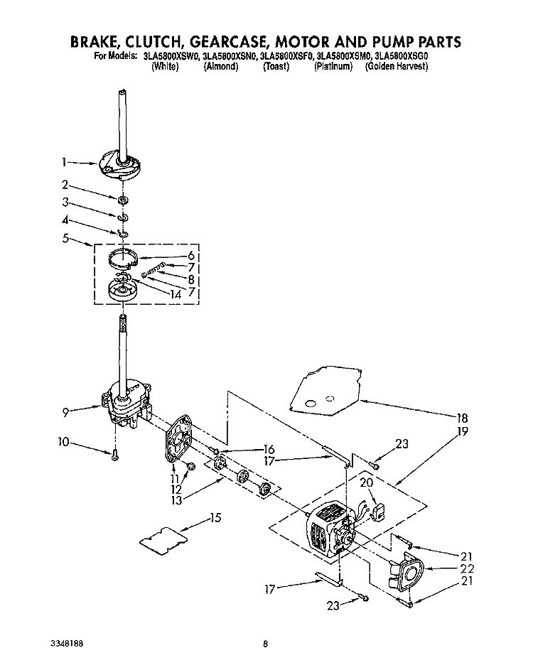 BRAKE, CLUTCH, GEARCASE, MOTOR & PUMP Diagram and Parts List for 3LA5800XSW0  Whirlpool Washer