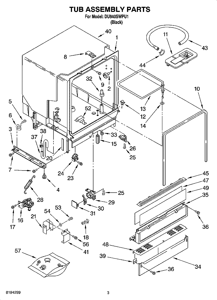 TUB ASSEMBLY PARTS Diagram and Parts List for DU840SWPU1  Whirlpool Dishwasher