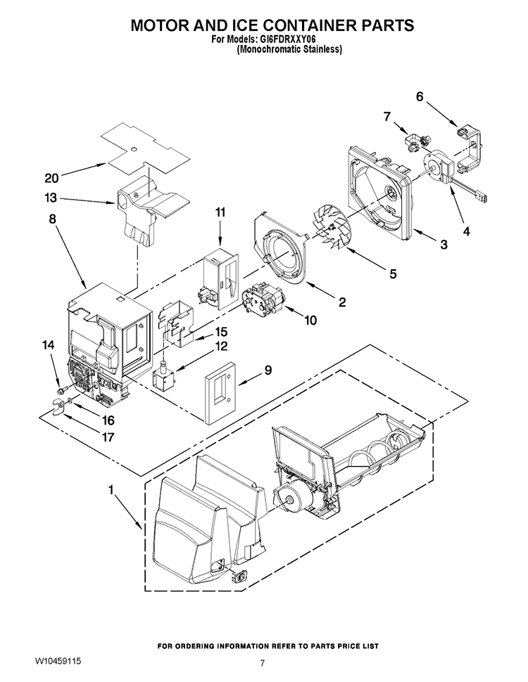 MOTOR AND ICE CONTAINER PARTS Diagram and Parts List for GI6FDRXXY06  Whirlpool Refrigerator