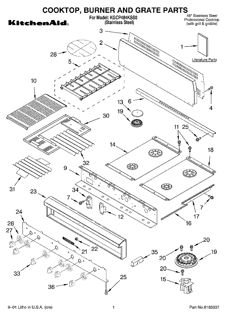 COOKTOP, BURNER AND GRATE PARTS Diagram and Parts List for KGCP484KSS0  KitchenAid Cooktop