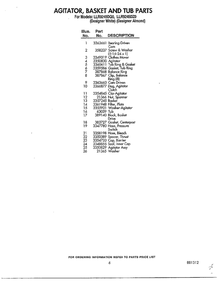 Agitator/basket And Tub Page 2 Diagram and Parts List for LLR9245DQO  Whirlpool Washer