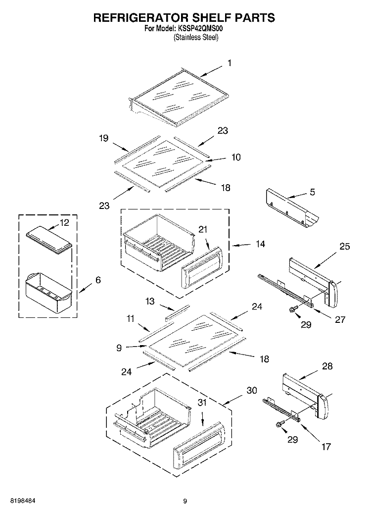 REFRIGERATOR SHELF PARTS Diagram and Parts List for KSSP42QMS00  KitchenAid Refrigerator