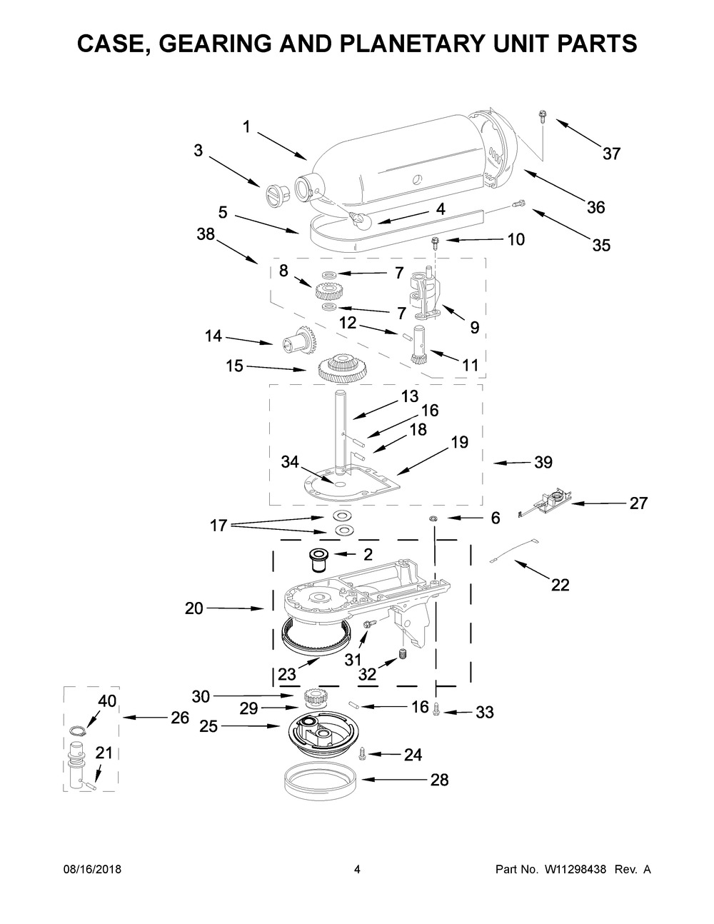Case, Gearing And Planetary Unit Parts Diagram and Parts List for 5KSM45BAQ4  Whirlpool Mixer