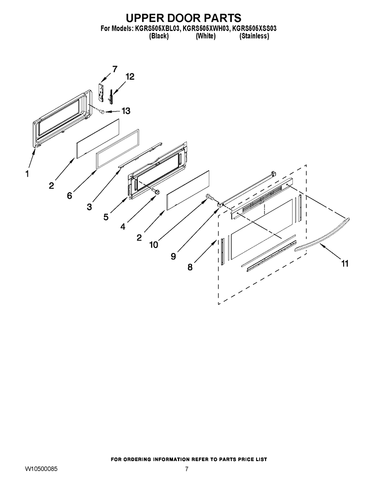 UPPER DOOR PARTS Diagram and Parts List for KGRS505XBL03  KitchenAid Range