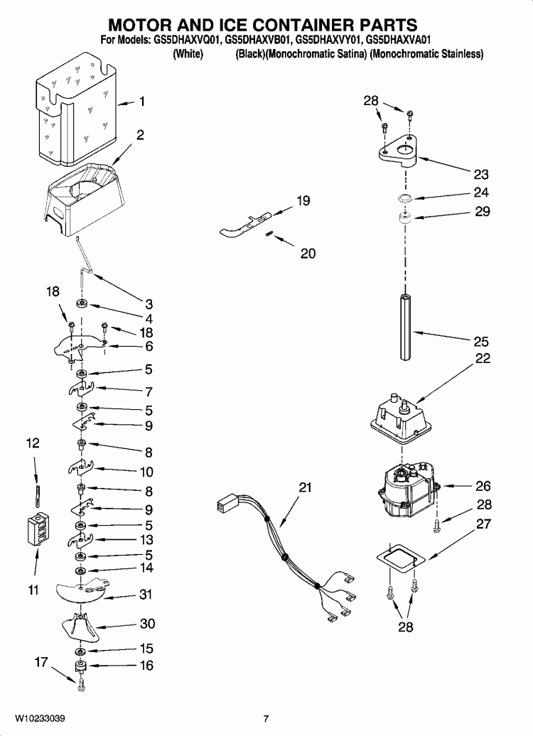 MOTOR AND ICE CONTAINER PARTS Diagram and Parts List for GS5DHAXVB01  Whirlpool Refrigerator