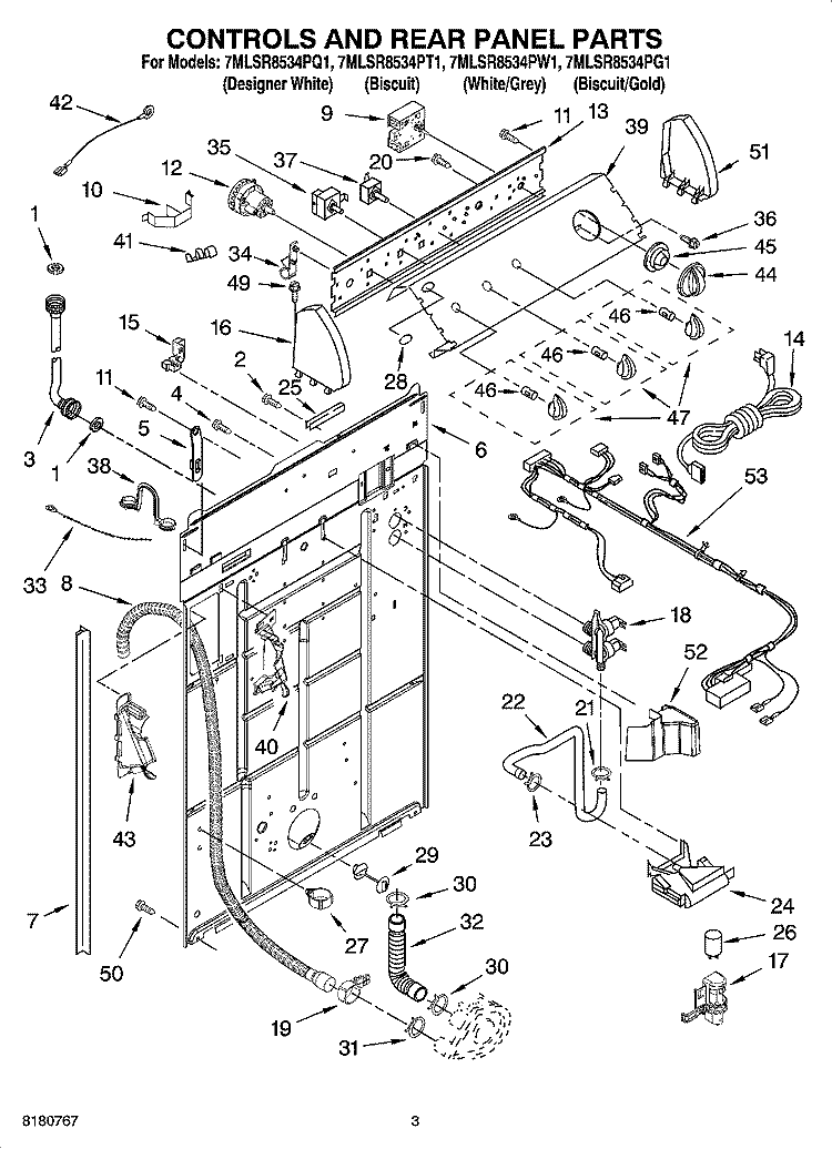 CONTROLS AND REAR PANEL PARTS Diagram and Parts List for 7MLSR8534PW1  Whirlpool Washer