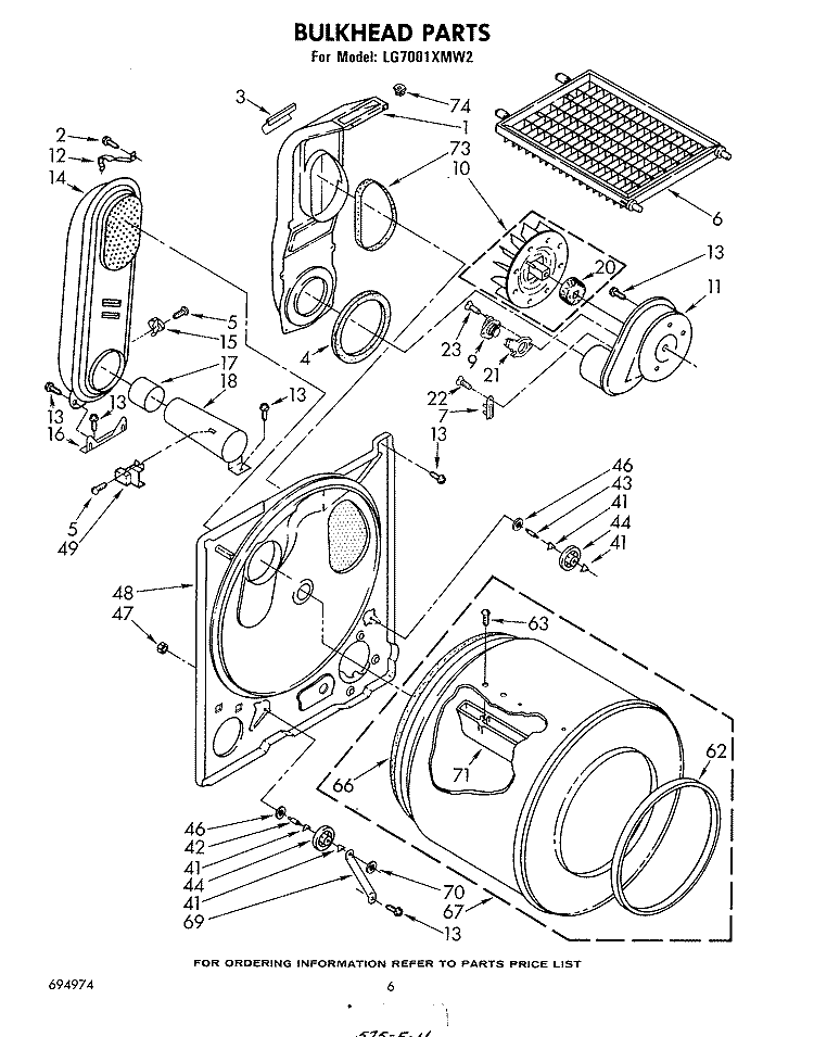 BULKHEAD Diagram and Parts List for LG7001XMW2  Whirlpool Dryer