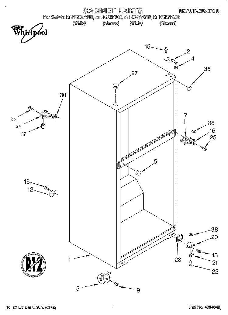 CABINET Diagram and Parts List for ET14CKYFN02  Whirlpool Refrigerator