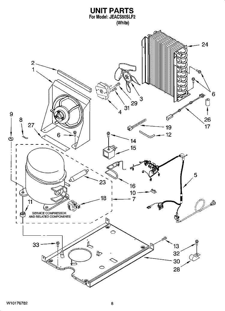 UNIT PARTS, OPTIONAL PARTS (NOT INCLUDED) Diagram and Parts List for JEACS50SLF2  Whirlpool Ice Maker