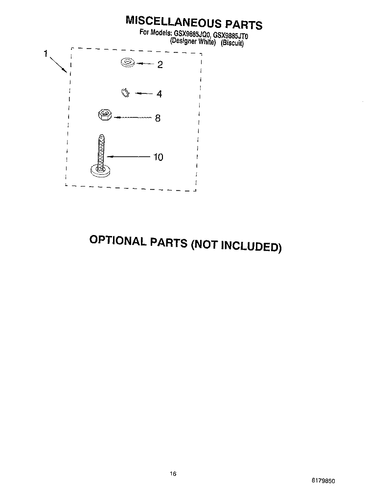 MISCELLANEOUS, OPTIONAL Diagram and Parts List for GSX9885JT0  Whirlpool Washer