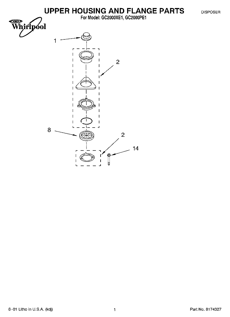 SECTION Diagram and Parts List for GC2000PE1  Whirlpool Food Waste Disposer