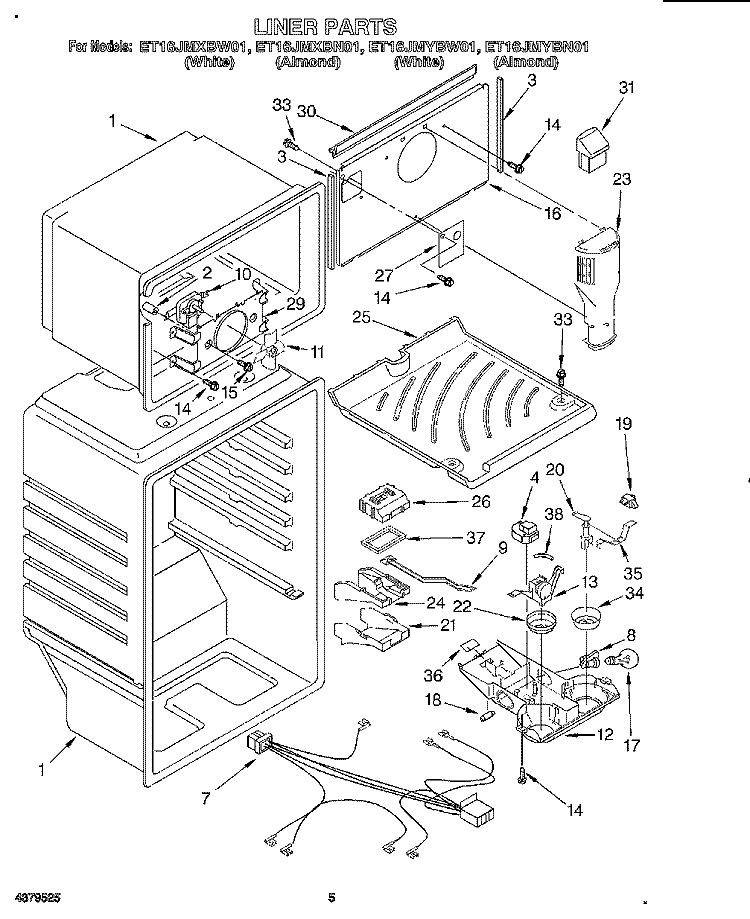 LINER Diagram and Parts List for ET16JMXBW01  Whirlpool Refrigerator