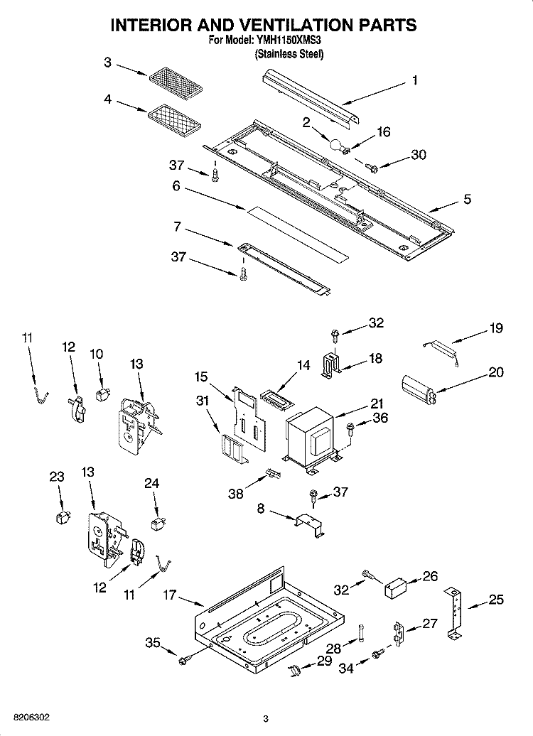 INTERIOR AND VENTILATION PARTS Diagram and Parts List for YMH1150XMS3  Whirlpool Microwave