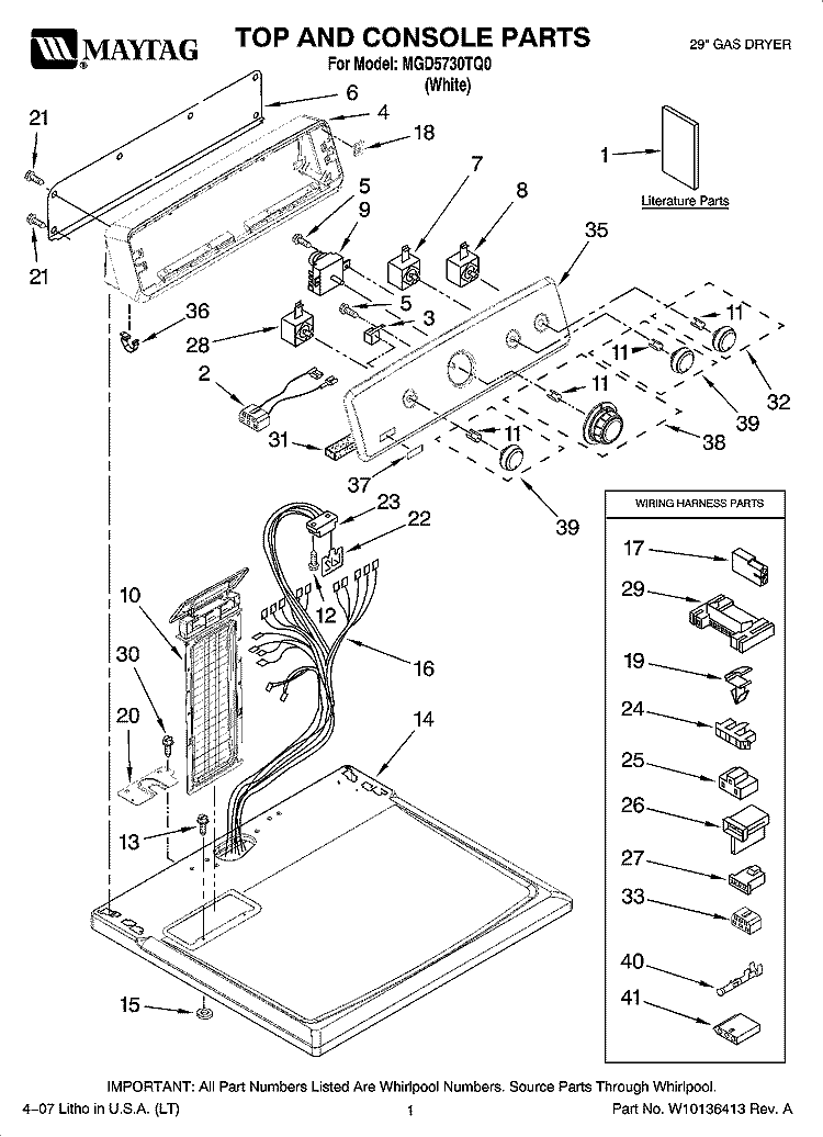 TOP AND CONSOLE PARTS Diagram and Parts List for MGD5730TQ0  Maytag Dryer