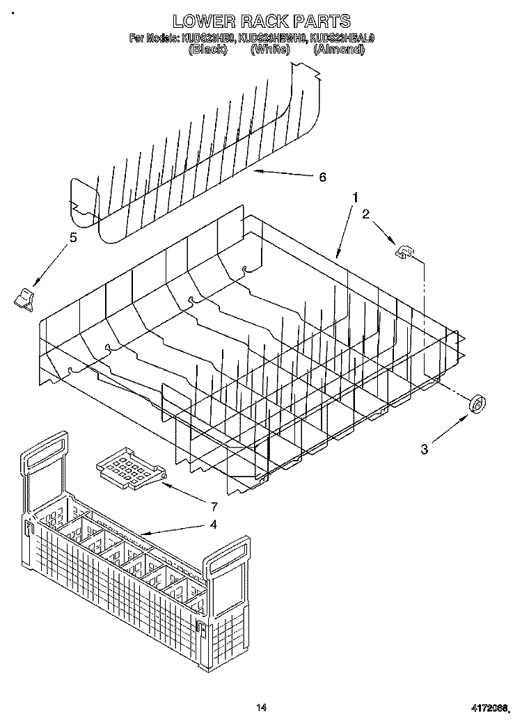 LOWER RACK Diagram and Parts List for KUDS23HBWH0  KitchenAid Dishwasher