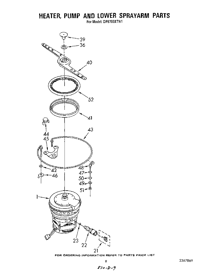 HEATER, PUMP AND LOWER SPRAY ARM Diagram and Parts List for DP8700XTN1  Whirlpool Dishwasher