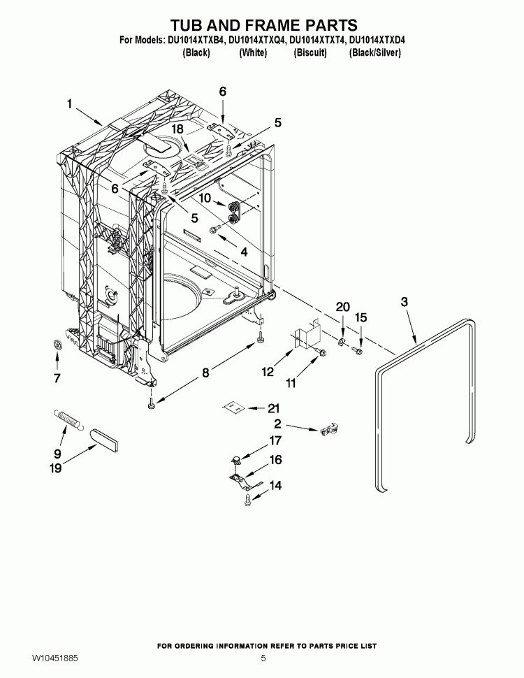 TUB AND FRAME PARTS Diagram and Parts List for DU1014XTXB4  Whirlpool Dishwasher