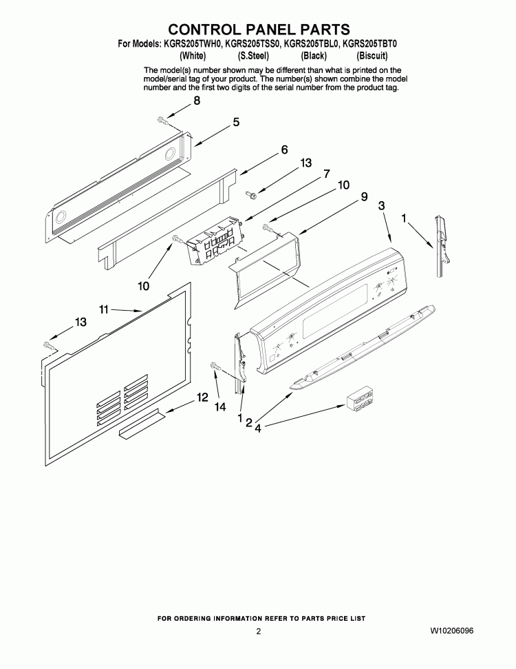 CONTROL PANEL PARTS Diagram and Parts List for KGRS205TSS0  KitchenAid Range
