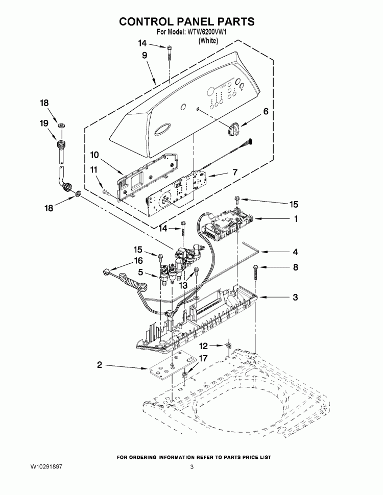 CONTROL PANEL PARTS Diagram and Parts List for WTW6200VW1  Whirlpool Washer