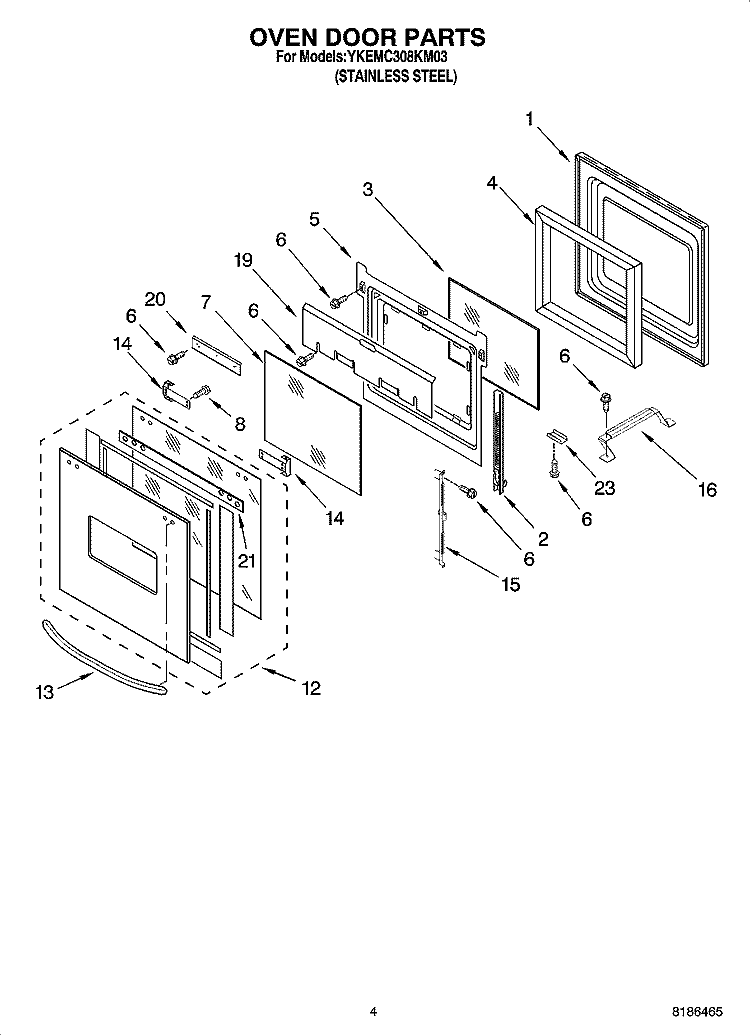 OVEN DOOR PARTS Diagram and Parts List for YKEMC308KM03  KitchenAid Microwave Oven Combo