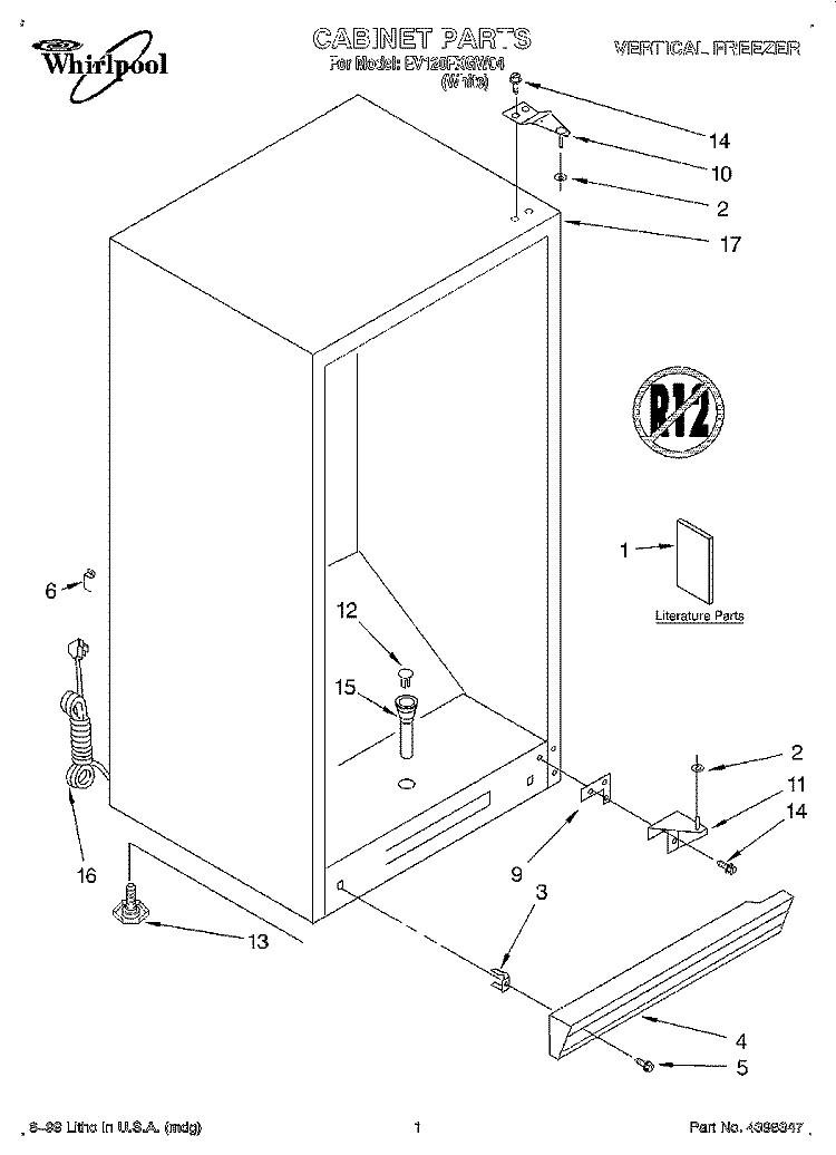 CABINET, LITERATURE Diagram and Parts List for EV120FXGW04  Whirlpool Freezer