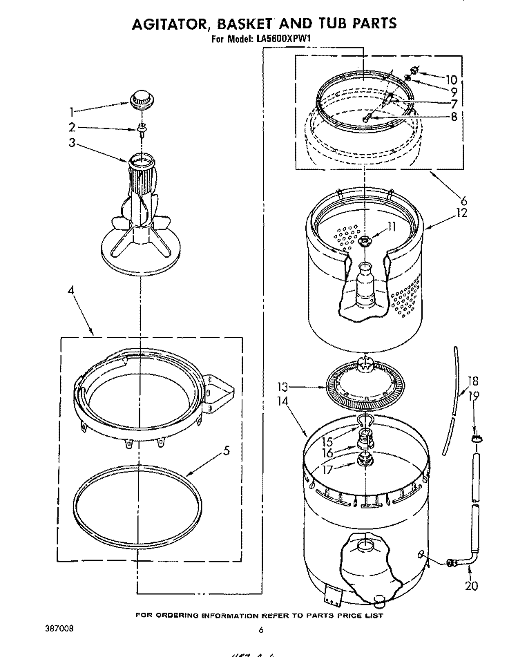 AGITATOR, BASKET AND TUB Diagram and Parts List for LA5600XPW1  Whirlpool Washer