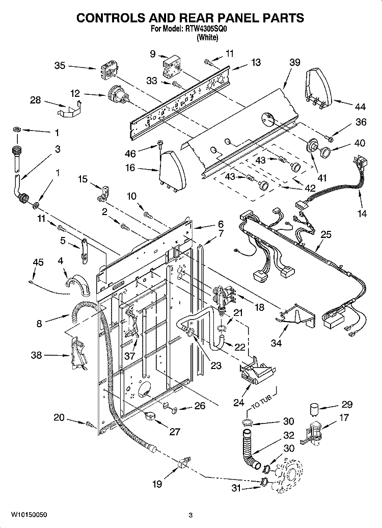 CONTROLS AND REAR PANEL PARTS Diagram and Parts List for RTW4305SQ0  Roper Washer