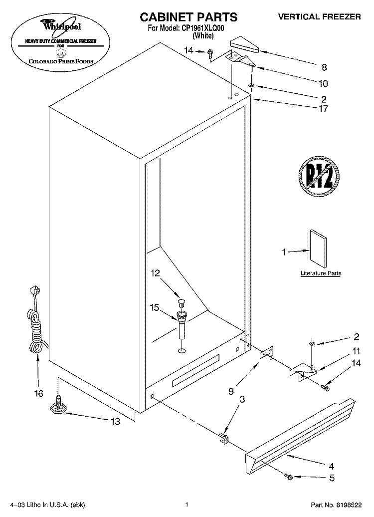 CABINET PARTS Diagram and Parts List for CP1961XLQ00  Whirlpool Freezer