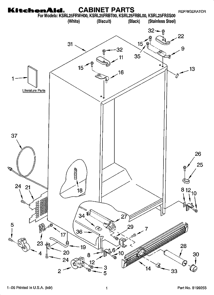 CABINET PARTS Diagram and Parts List for KSRL25FRBT00  KitchenAid Refrigerator