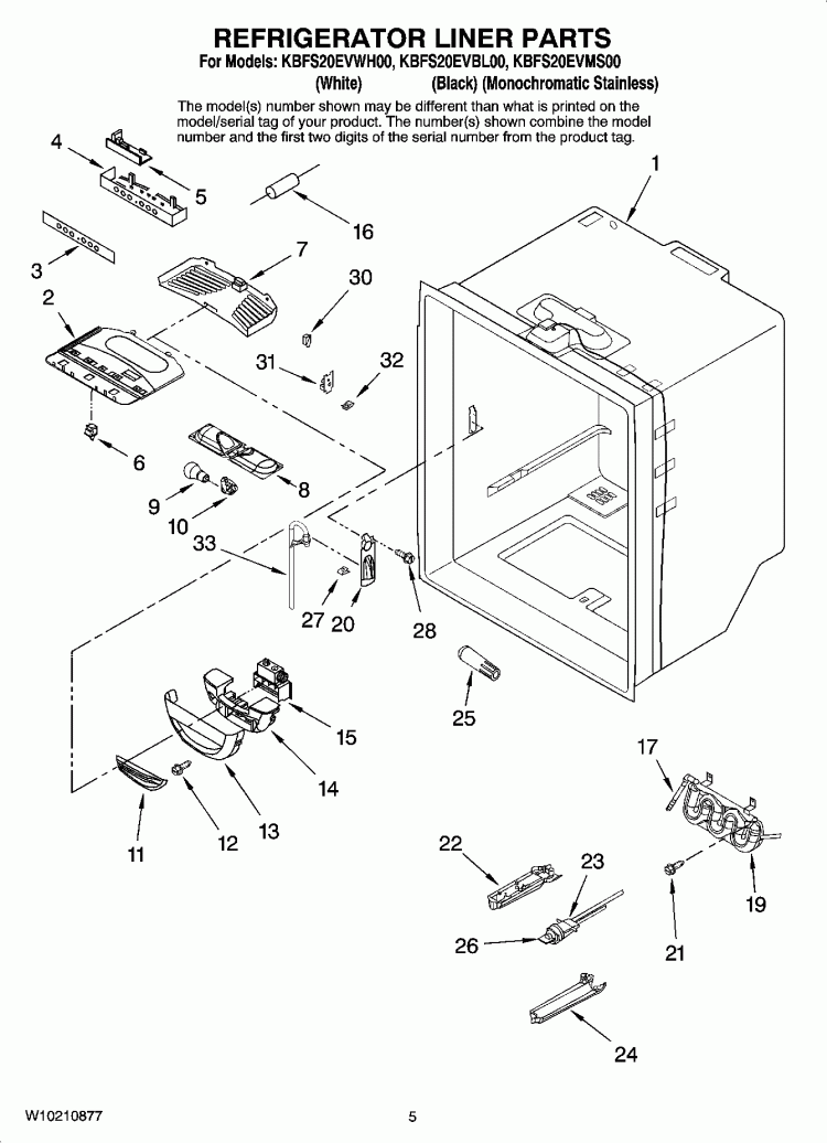 REFRIGERATOR LINER PARTS Diagram and Parts List for KBFS20EVWH00  KitchenAid Refrigerator