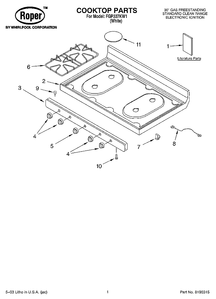 COOKTOP PARTS Diagram and Parts List for FGP337KW1  Roper Range