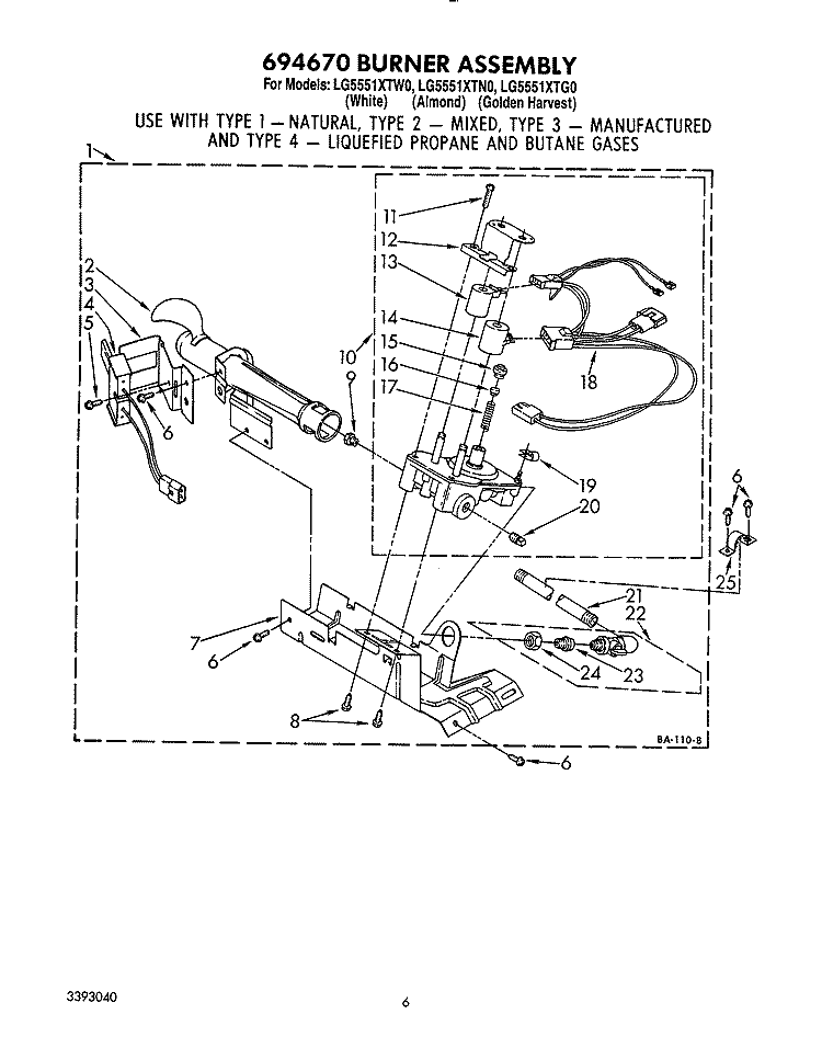 694670 BURNER Diagram and Parts List for LG5551XTN0  Whirlpool Dryer