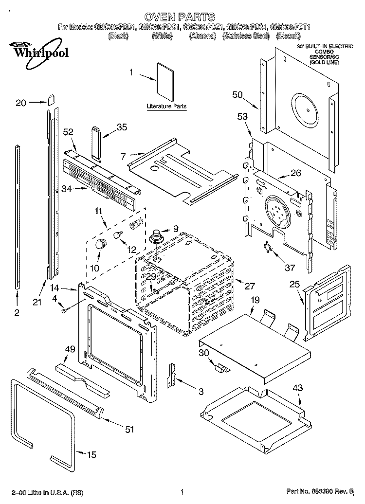OVEN, LITERATURE Diagram and Parts List for GMC305PDQ1  Whirlpool Microwave Oven Combo